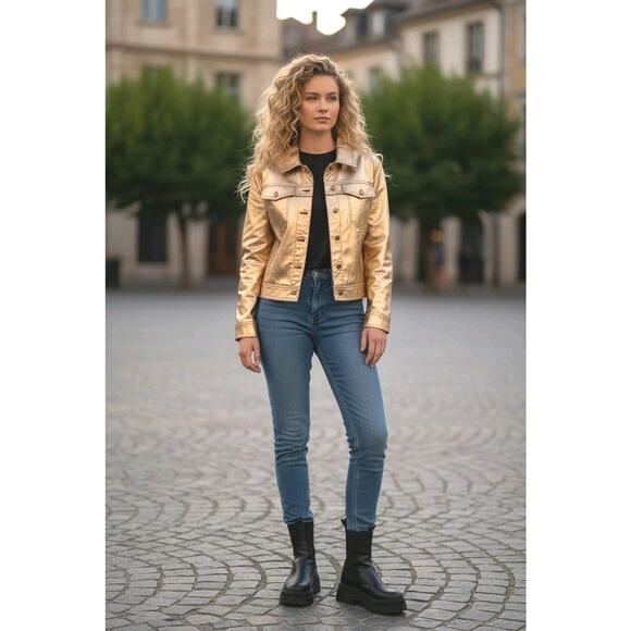 Designer Vintag 80s GOLD Metallic Leather Moto Jacket Sz 10 Short Punk Rock Glam - Picture 2 of 16